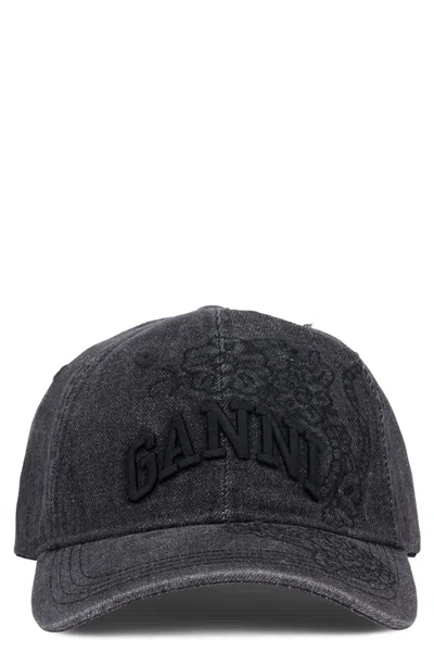 Ganni Embroidered Visor Cap With Adjustable Back In Grey