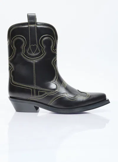 Ganni Embroidered Western Ankle Boots In Black