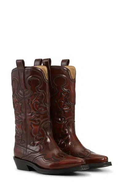 Ganni Embroidered Western Boot In Brown