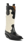 Ganni Embroidered Western Boot In Black/egret