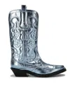 Ganni Metallic Mid Shaft Embroidered Western Boots In Blue