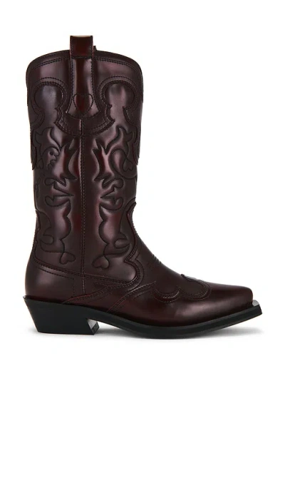 Ganni Embroidered Western Boot In Brown