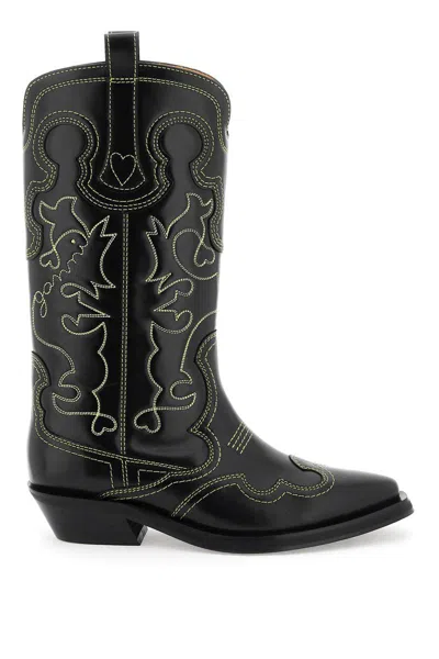 Ganni Embroidered Western Boots In Giallo