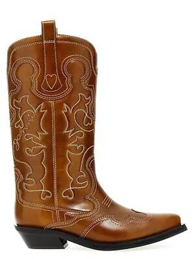 Pre-owned Ganni 'embroidered Western' Boots In Tiger`s Eye