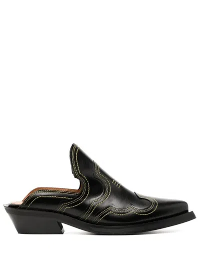 Ganni Embroidered Western Mules In Black