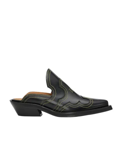 Ganni Leather Mules In Black