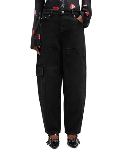 Ganni Essentials Rigid Low Rise Barrel Jeans In Black Washed