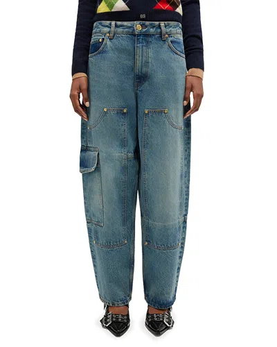 Ganni Essentials Tint Rigid Low Rise Carpenter Jeans In Mid Blue Vintage
