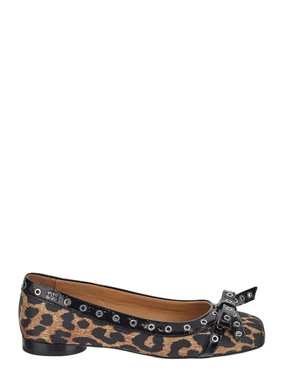 Ganni Eyelet Bow Ballerina In Brown