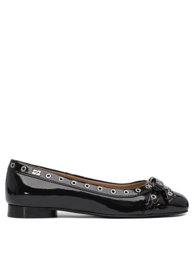 Ganni Eyelet Bow Ballet Flats In Black