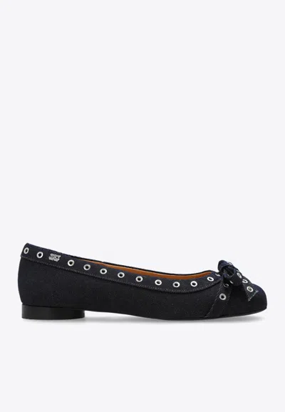 Ganni Eyelet Bow Denim Ballet Flats