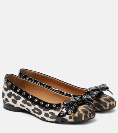 GANNI EYELET BOW LEOPARD-PRINT SATIN BALLET FLATS