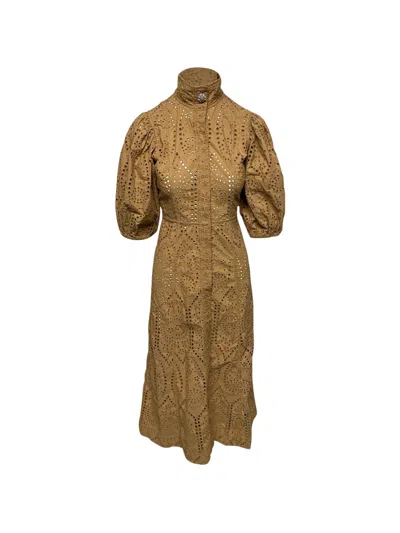 Pre-owned Ganni Eyelet Crystal Dress In Brown