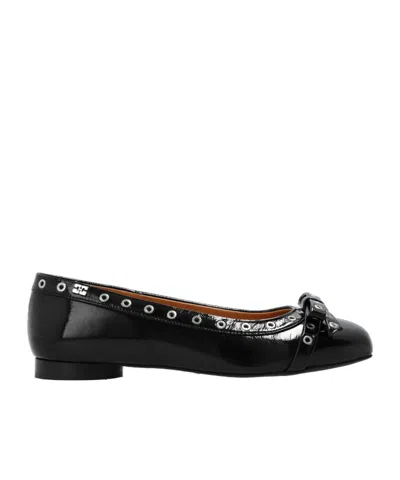 GANNI BLACK EYELET BOW BALLERINAS