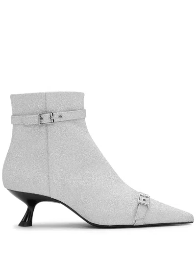 Ganni Eyelet-detail Glitter Ankle Boots In Grey