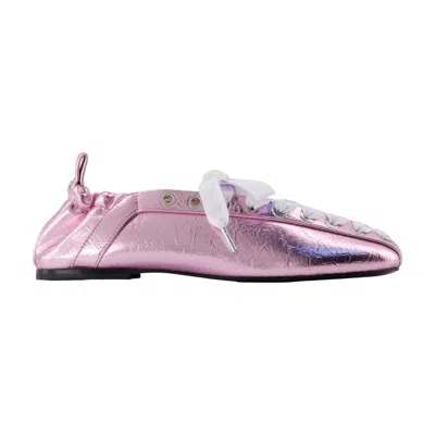 Ganni Eyelet Lace Up Crinkle Ballerinas In Pink