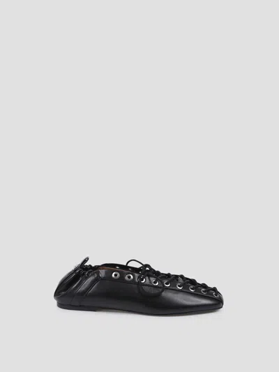 Ganni Eyelet Lace-up Ballerina Flat Shoes In Black