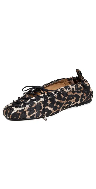 GANNI EYELETS LACE UP BALLERINA FLATS LEOPARD