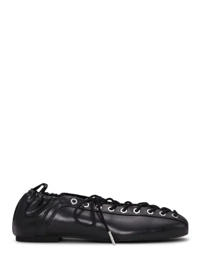 Ganni Eyelets Lace-up Ballerina Flats With Crinkle Oleatex Finish In Black