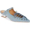 Ganni Embellished Lace-up Denim Mules In Faded Denim