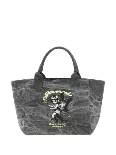 Ganni Dark Grey Canvas Medium Trapeze Shopping Bag In Gray