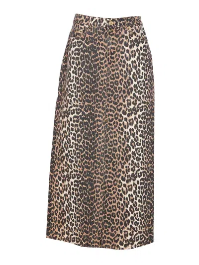 Ganni Leopard Denim Maxi Slit Skirt In Brown