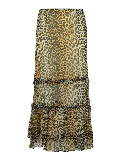GANNI LONG SKIRT IN VISCOSE  WITH LEOPARD PRINT