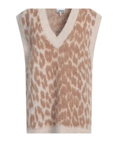 Ganni Fashion Leopard Print Sleeveless Knit Vest In Brown