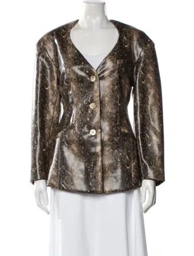 Pre-owned Ganni Faux Leather Animal Print Blazer In Brown
