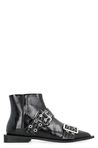 Ganni Black Wide Belt Buckle Ankle Boots