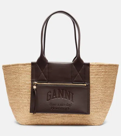 Ganni Faux Leather-trimmed Raffia Tote Bag In Sand
