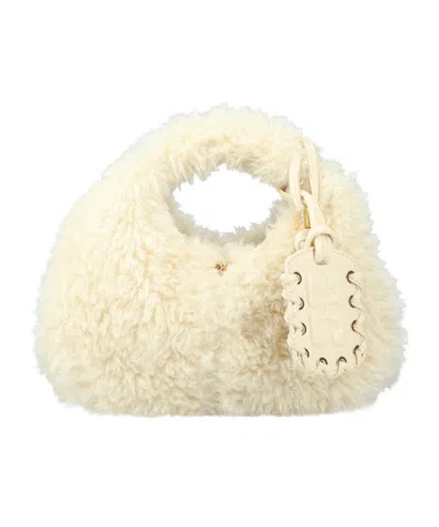 Ganni Fax Fur Mini Hobo Bag In Sand