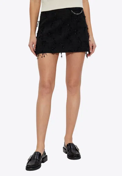 Ganni Feathered Tweed Mini Skirt In Black