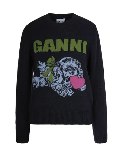 Ganni Dark Grey Puppy Wool-blend Sweater Women In Black