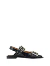 Ganni Buckle Ballerina Crocodile-effect Slingback Flats In Black