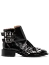 Ganni Buckle 40 Patent Leather Ankle Boots In Black
