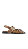 Ganni Brown Snake Feminine Buckle Flats In Brown