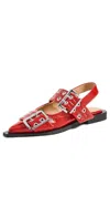 Ganni Red Wide Welt Buckle Ballerina Flats In Racing Red