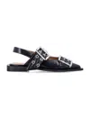 Ganni Pointed Toe Black Ballerinas With Eyelet-accented Buckle Detail In Black