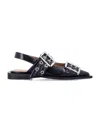 Ganni Pointed Toe Black Ballerinas With Eyelet-accented Buckle Detail In Black