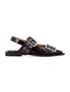 Ganni Pointed Toe Black Ballerinas With Eyelet-accented Buckle Detail In Black