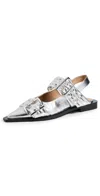 Ganni Silver Slingback Ballet Flat Shoe With Buckles In Silver