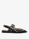 Ganni Buckled Slingback Ballet Flats In Black Leather In Black