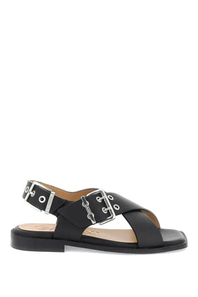 Ganni Black Sandals With Criss Cross Straps In Leather Woman