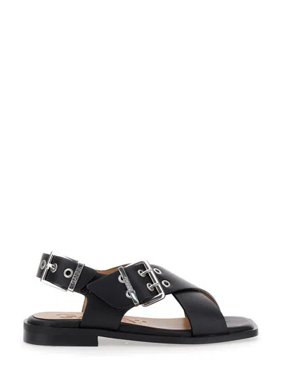 GANNI BLACK SANDALS WITH CRISS CROSS STRAPS IN LEATHER WOMAN