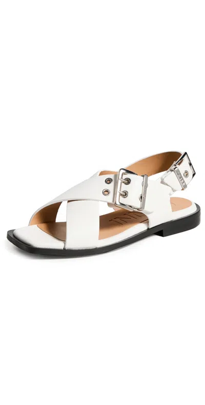 Ganni Feminine Buckle Cross Strap Sandals Egret