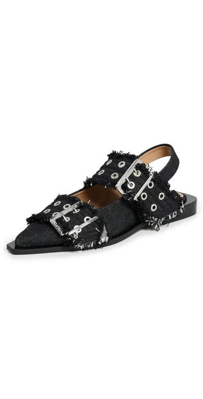Ganni Feminine Buckle Denim Ballerina Flats Black