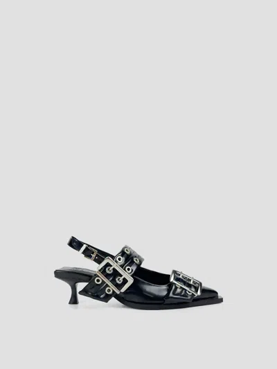 Ganni Feminine Buckle Kitten Heel Box Detail Sandals In Black