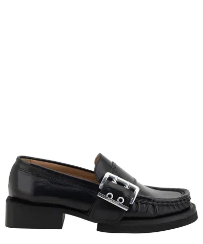 Ganni Feminine Buckle Loafers In Black