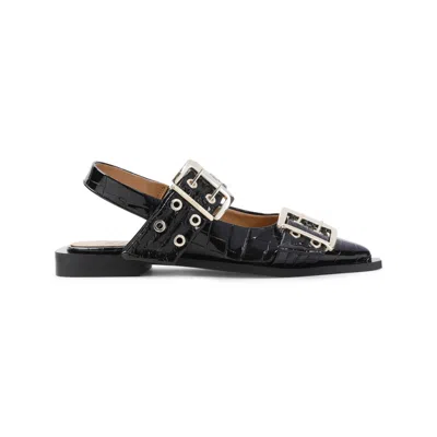 Ganni Feminine Buckle Naplack Croco Ballerina In Black